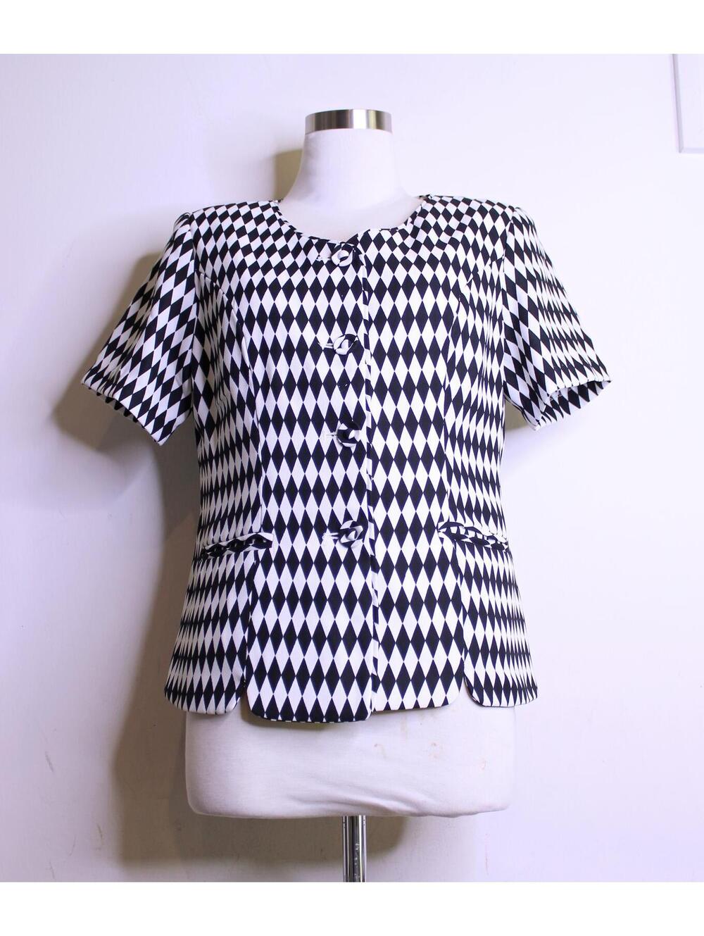 VTG Black White Diamond Print Blouse - Large